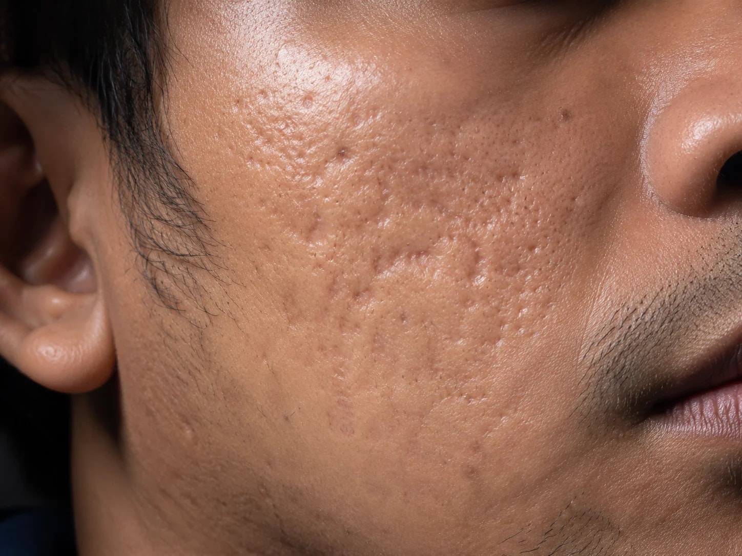 Rolling and boxcar acne scars on cheek. Pico Laser acne scar treatment at Nexus Clinic KL