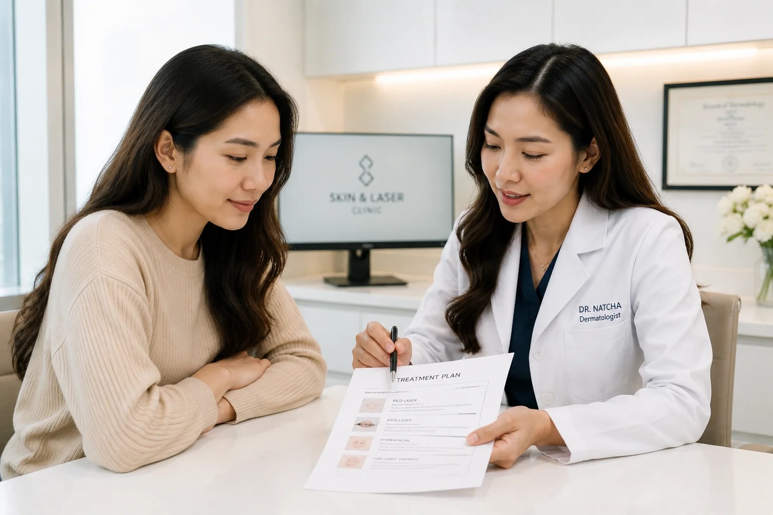 Doctor reviewing a Pico Laser treatment plan and pricing with a patient at Nexus Clinic KL