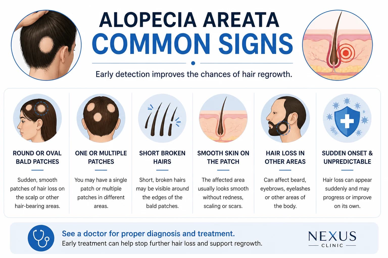 Alopecia areata signs and symptoms showing patchy hair loss on the scalp