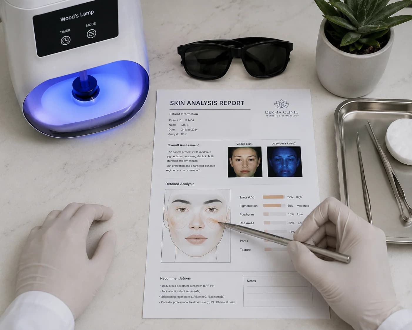 Wood's lamp skin analysis report mapping melasma depth before Pico Laser treatment at Nexus Clinic KL