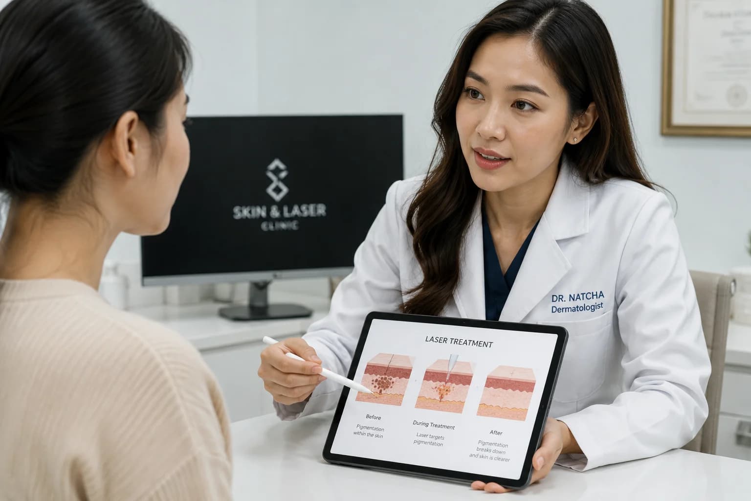 LCP-certified doctor calibrating Pico Laser settings to minimise PIH risk at Nexus Clinic KL