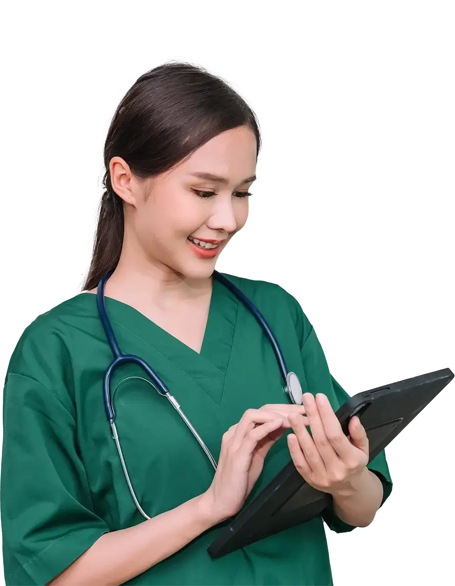 portrait-beautiful-asian-woman-doctor-healthcare-worker-using-tablet-isolated-grey-background copy (1) (1) Aesthetic Clinic In Kuala Lumpur